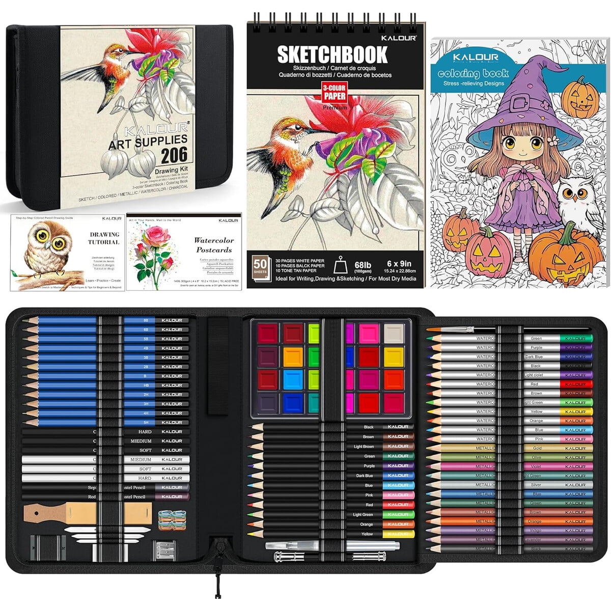 Set De Dibujo Kalour 206 Piezas Kit Artístico Con Sketchbook