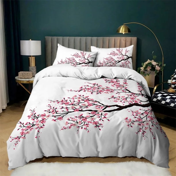 Plum Blossom Duvet Cover Set for Girls Pink Flower Quilt CoverMicrofiber Branches Printed Japanese Ink Style Bedding Set