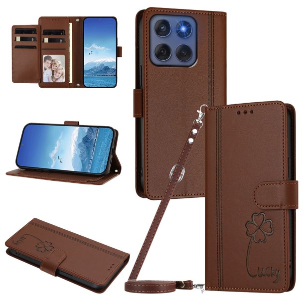 Funda Cartera Trébol para Motorola Edge 2025 5G con Ranuras Tarjetas y Carga Inalámbrica Marrón