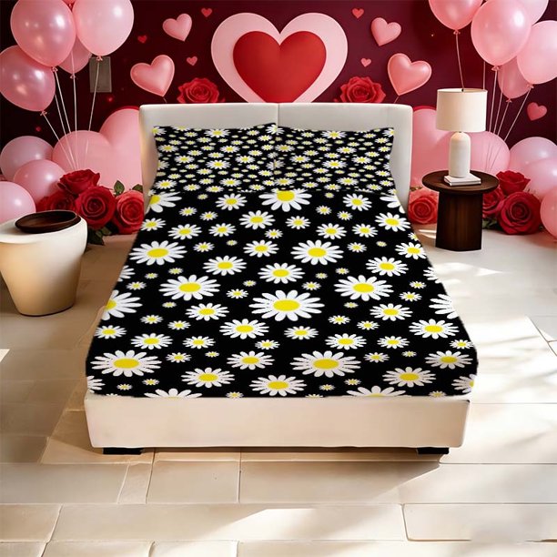 Daisy Pattern Printed Bed Fitted Sheet Which Is Both Fashionable And Warm And Romantic Available in All Seasons! Ideal Family Friends Holiday Party Gifts 1 Fitt