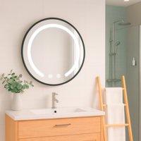 Joytek - Espejo Redondo Marco Negro Touch Con Luz Led 3 Colores 50 Cm