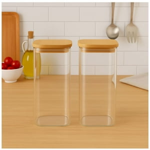Disparo - Set 2 Frascos Hermeticos Cuadrado 1400Ml Vidrio 15Cm Tapa Bambú