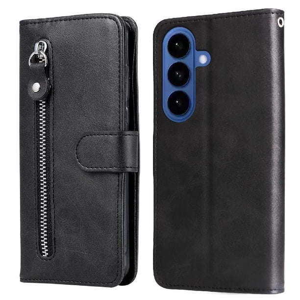 Funda tipo cartera para Samsung Galaxy S26 Plus con bolsillo con cremallera y ranuras para tarjetas – Función de soporte Negro