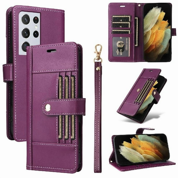 FOXDOCK Funda tipo Cartera para Samsung Galaxy S21 Ultra – Cubierta de Cuero PU con Múltiples Ranuras, Bolsillo para Efectivo y Correa de Muñeca