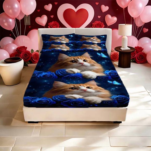 Orange Cat and Blue Rose Print Fitted Sheet Set 2 Pillowcases 1 Fitted Sheet Twin Bed Full Bed Queen Bed King Bed - Soft and Skin-Friendly Easy to