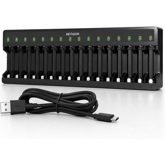 Cargador BEVIGOR de 16 ranuras AA/AAA NiMH 24 W USB-C