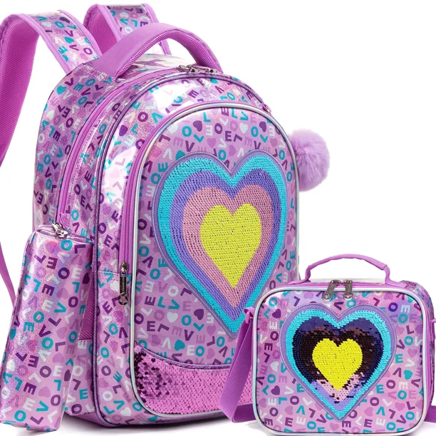 BIKAB Bookbag for Girls Backpack for Girls rainbow and star School Bag with Lunch Box Set for Kindergarten Glitter Sequin