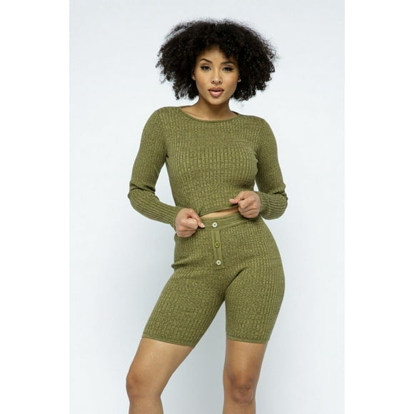 Saronite Conjunto de 2 Piezas de Top Corto de Punto de Manga Larga con Cuello Redondo Acanalado y Shorts de Ciclista de Cintura Alta Basics, Color Oliva (para Mujer)