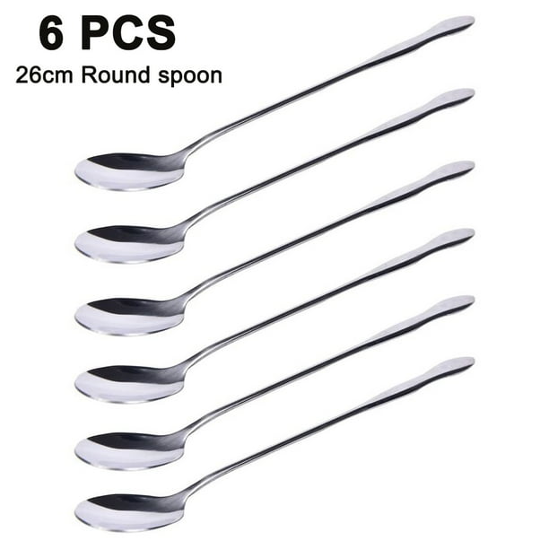 Juego de 6 cubiertos de acero inoxidable, cuchara larga para cóctel de 26 cm, acero inoxidable pulido, apto para lavavajillas.