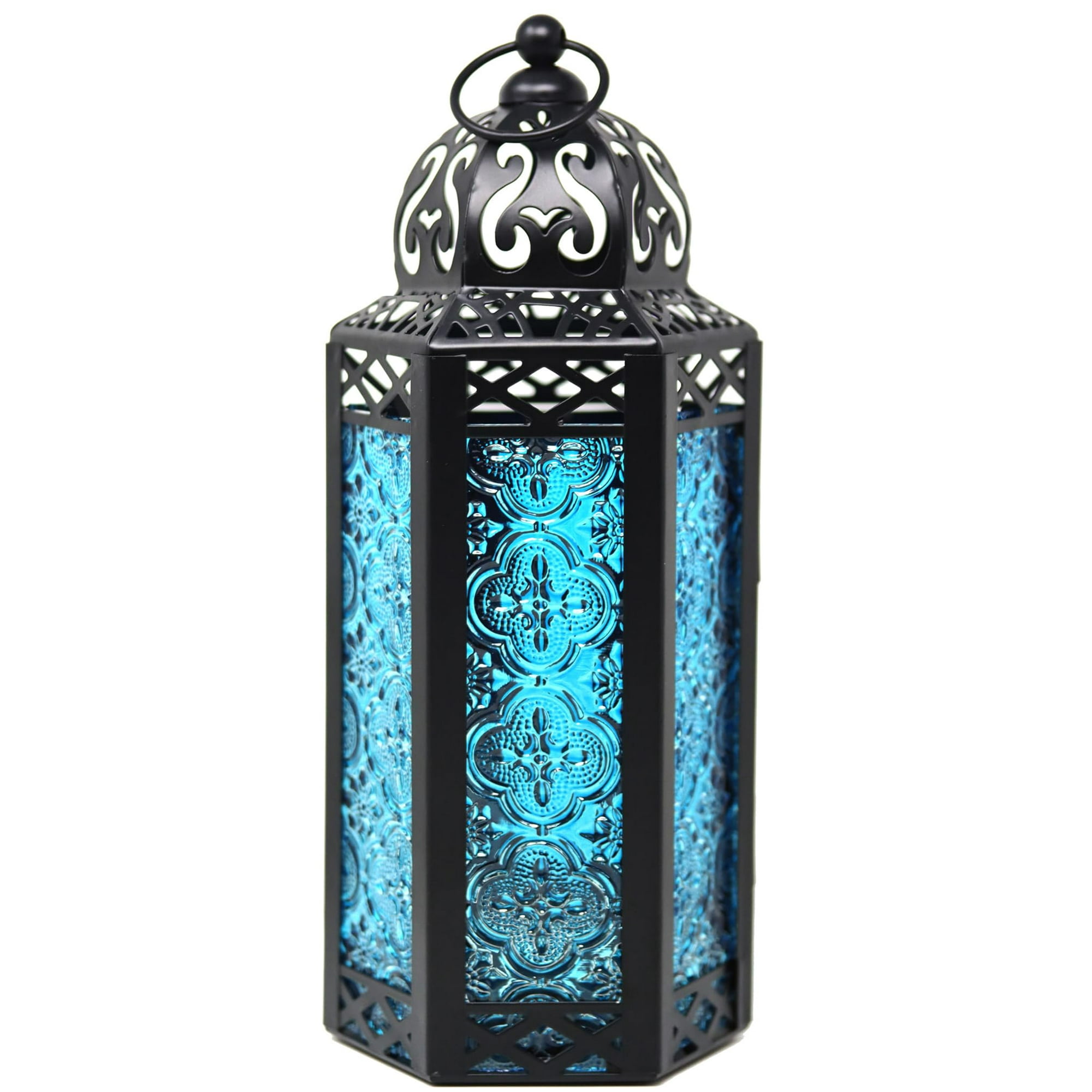 Vela Lanterns - Farol De Vela, Linternas De Vela, Marroquíes, Negro, Metal, Cristal Azul