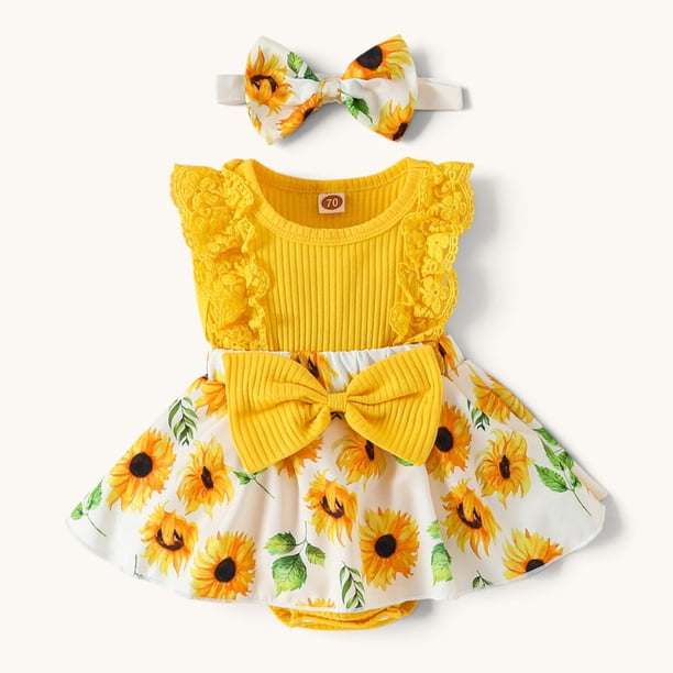 Conjunto De Body Vestido Manga Corta + Diadema Para Niñas Primavera Verano