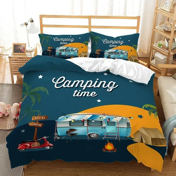 v259 Bed Sheets Camper Time Print Bedding Set Camping Car Duvet Cover Travel Theme Cartoon Camping Comforter Cover Full King for Teens Adult 3-Piece Bedding Set (1 Duvet Cover + 2 Pillow Shams) Bed Sh