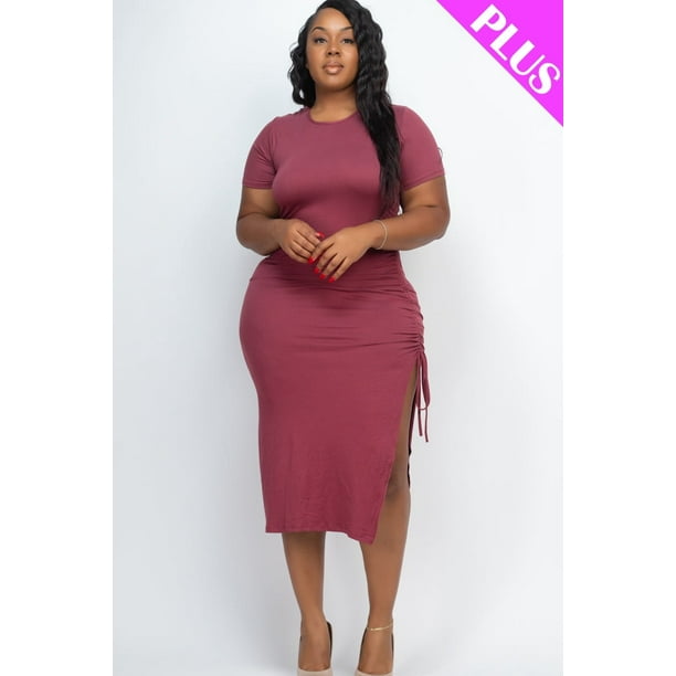 Vestido Midi Curvy con Cordón y Abertura Lateral Fruncido