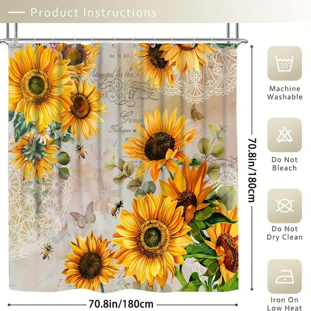 1pc Sunflower & Bee Bathroom Set - Anti-Slip Bath Mat, Shower Curtain, and Toilet Cover - Flowers Pattern Bathroom Accessories for a Cozy and Inviting Bathroom Decor