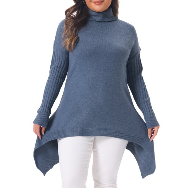 Agnes Orinda Suéter de Cuello Alto para Mujer de Talla Grande, Túnica de Manga Larga con Dobladillo Asimétrico, Suave y Cálido, Casual, Tejido de Punto Acanalado, 1X Grande Azul