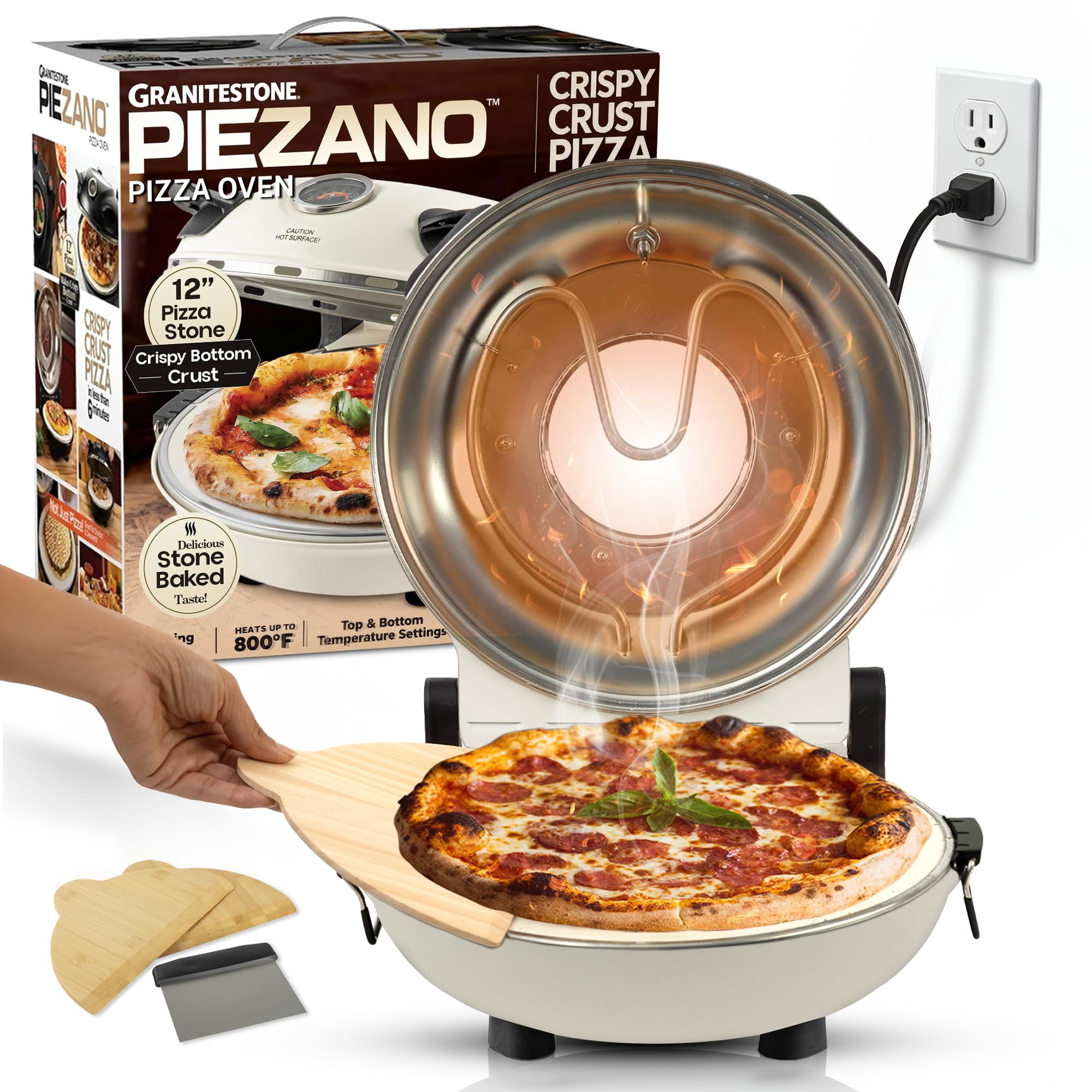 Horno Para Pizza Piezano, Masa Crujiente, 30 Cm, Eléctrico, 800 °f, Con Accesorios