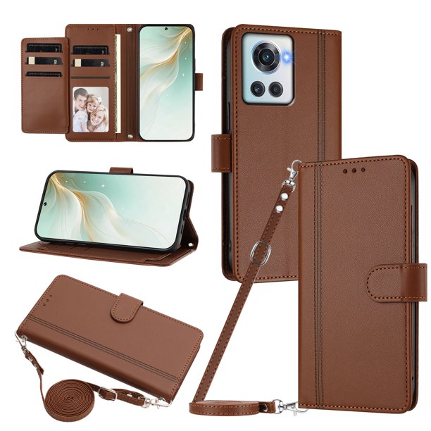 Funda Billetera Delgada para OnePlus 10R, Cuero Sintético, Marrón