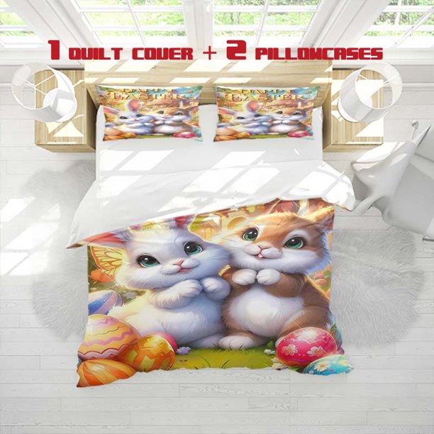 3pcs Easter Print Bedding Set Soft Duvet Cover and 2 Pillowcases for All Seasons Ideal Choice as Family & Guest Room Decor or Holiday/Party Gift 1+2 (No Insert)