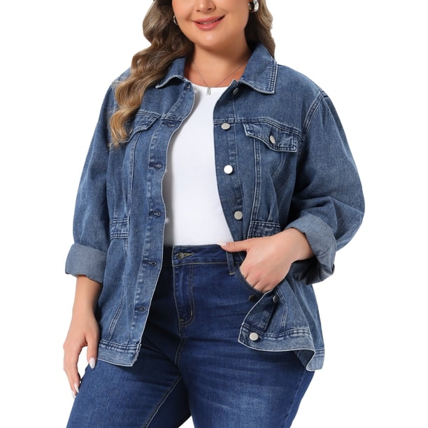 Agnes Orinda Chaqueta de Mezclilla Talla Grande para Mujeres Manga Larga Abotonada Lavada Chaqueta de Jean Camionero 2X Gris Azul