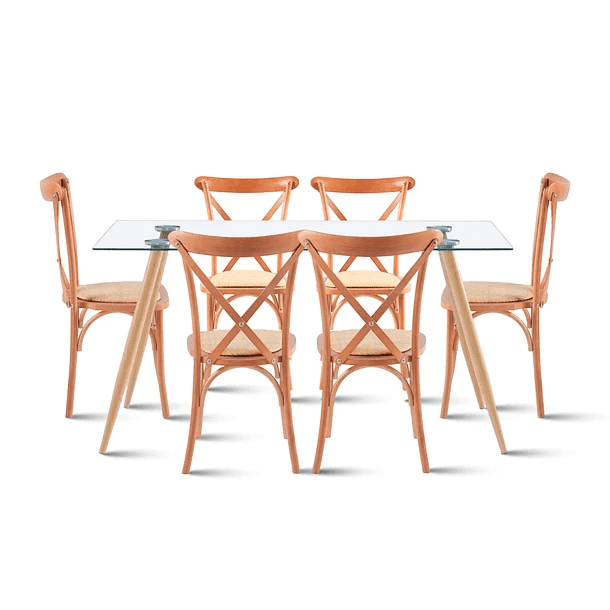 Klik Muebles - Comedor Mesa De Vidrio Rectangular 120x80 + 6 Silla Crossback Madera