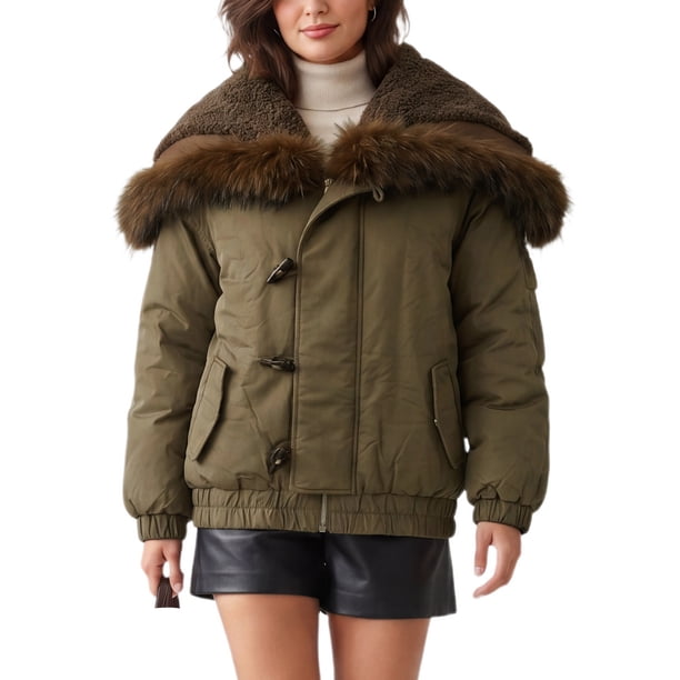 Chaqueta Recortada con Forro de Felpa Ajustable y Ribete de Piel Sintética para Mujer INSPIRE CHIC Talla Extra Grande Café