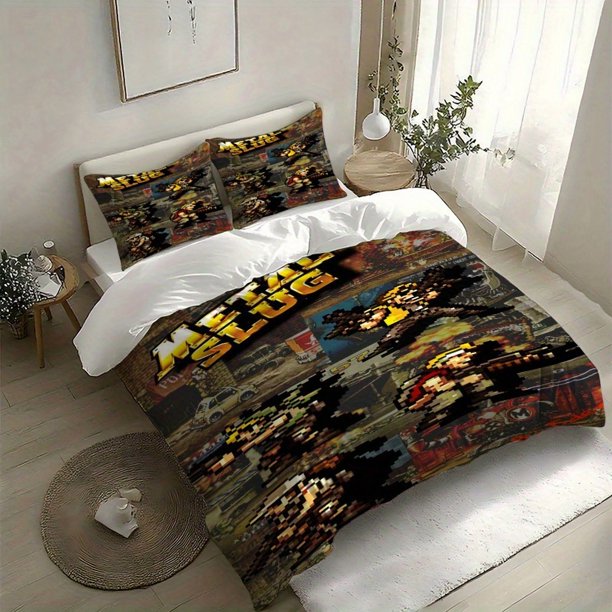 3pcs M-Slug Pixel Classic Battle Pattern Digital Print Bedding Set 100% Polyester Beige-Friendly Fabric