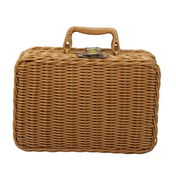 Cesta de almacenamiento de imitación de ratán, caja de almacenamiento con asa, contenedor de artículos diversos con tapa, estuche de maquillaje, malet S