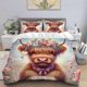 thumbnail image 1 of 3pcs Floral Highland Cow Print Bedding Set | Soft Polyester Digital Print, 1 of 1