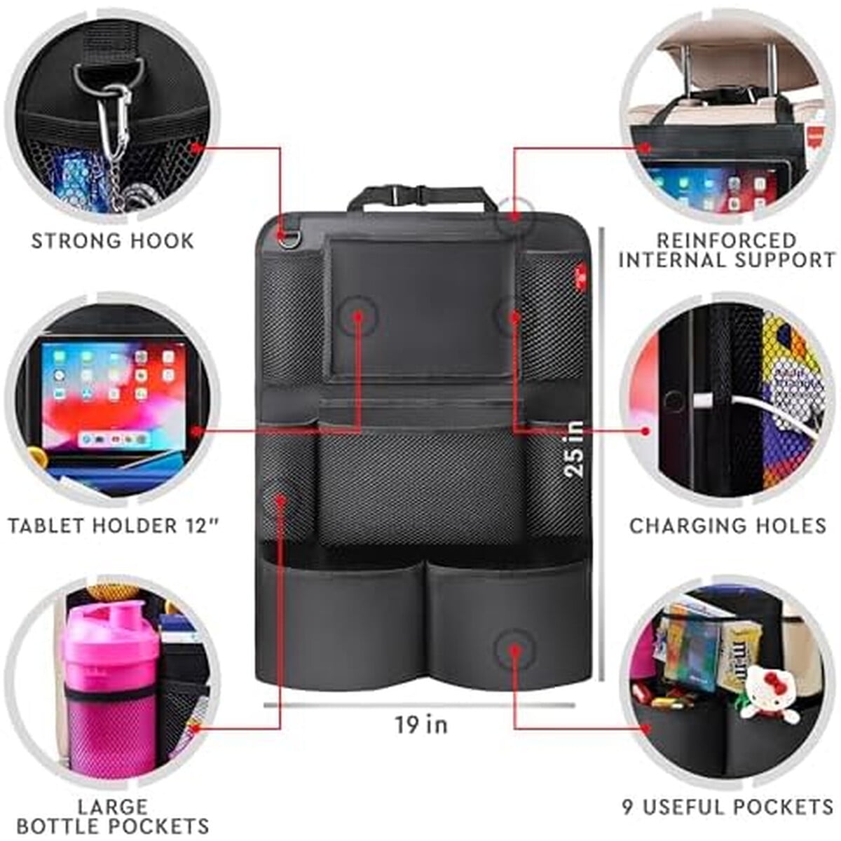 Organizador Asiento Trasero Helteko 9 Bolsillos Porta Tablet 25x19