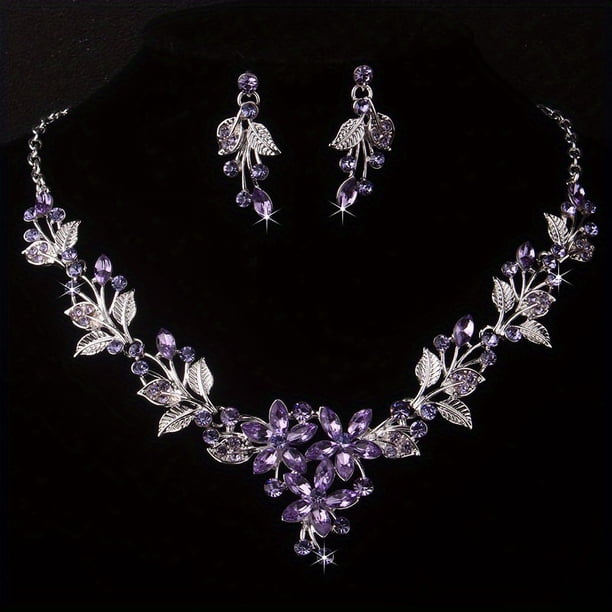 Bridal Jewelry Ladies Wedding Dress Wedding Accessories Royal Blue Leaf Shaped Flower Rhinestone Necklace Earring Set Wedding Set Chain Stage Performance Necklace