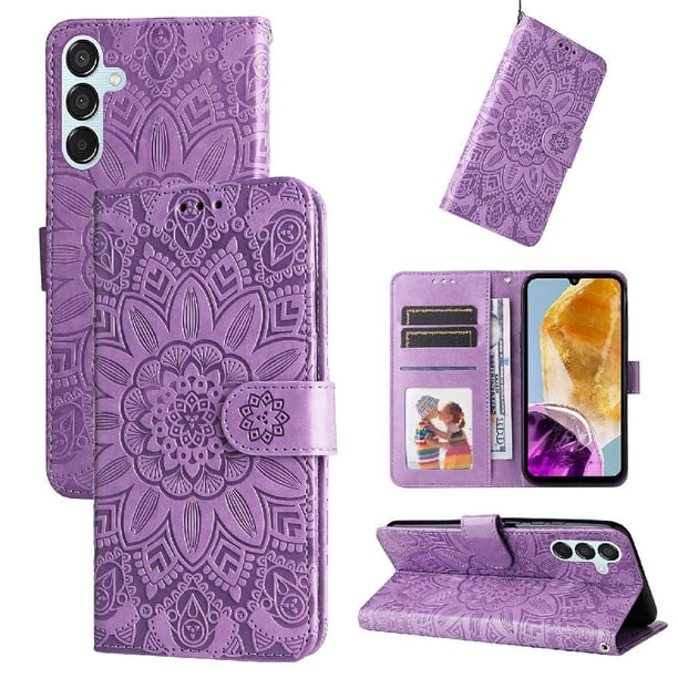 Funda tipo cartera FOXDOCK para Samsung Galaxy M15 5G , diseño girasol en relieve, cuero PU, cierre magnético, soporte y tarjetero