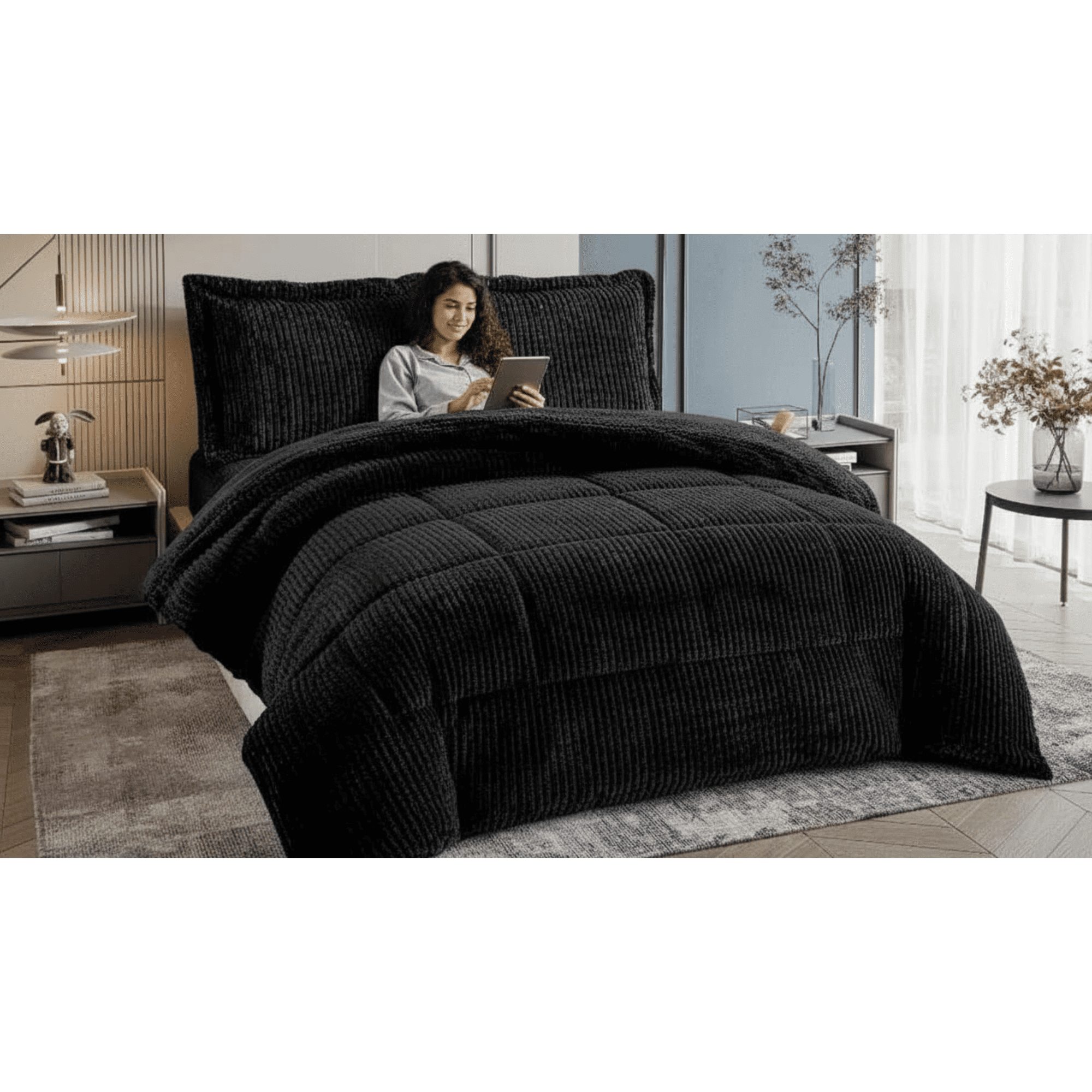 Genérico - Cobertor Plumones Con Chiporro De 2 Plazas + 2 Fundas 230x250cm Negro