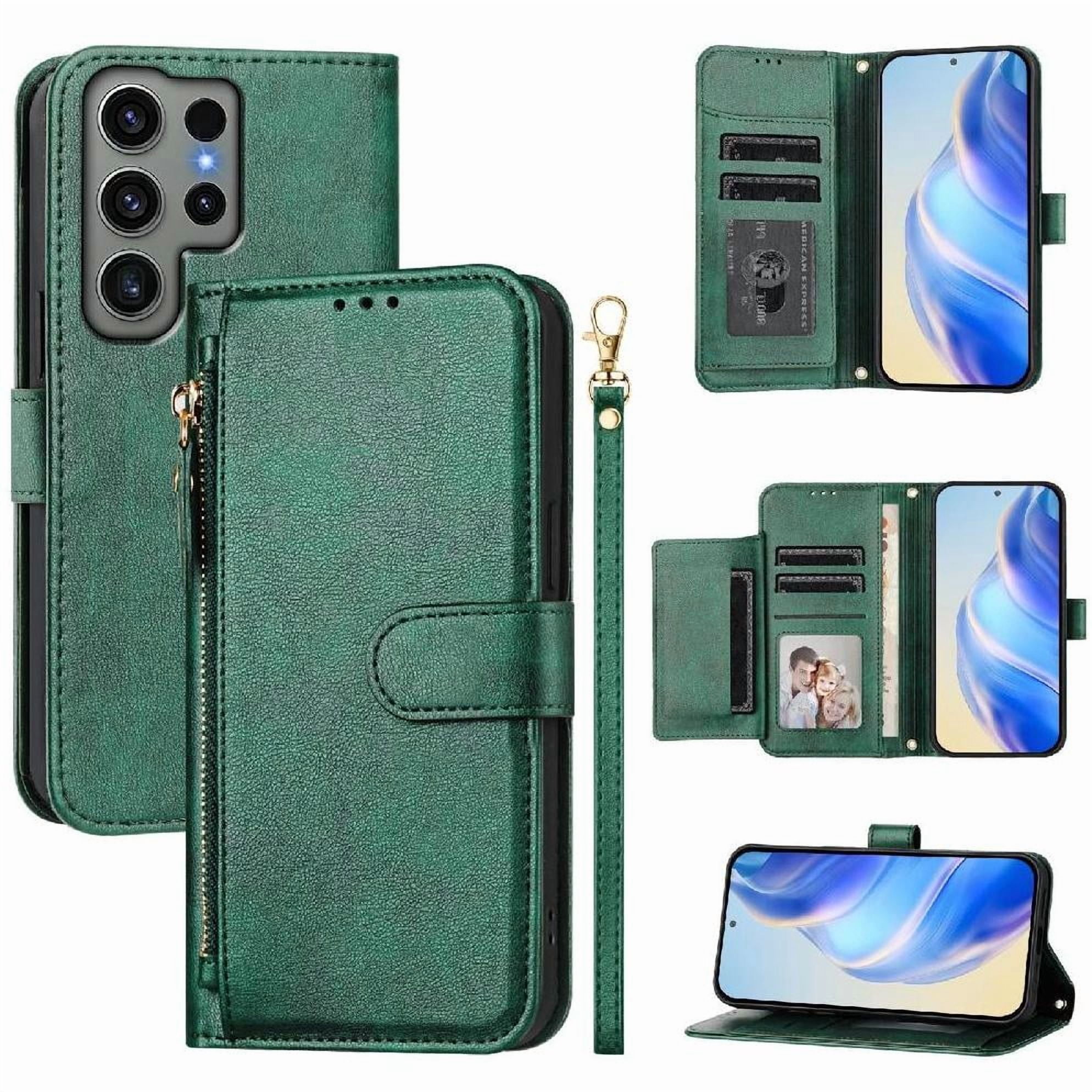Foxdock - Funda Tipo Billetera Para Samsung Galaxy S23 Ultra 5g Con Cremallera Portatarjetas Soporte Correa De Muñeca Cuero Verde