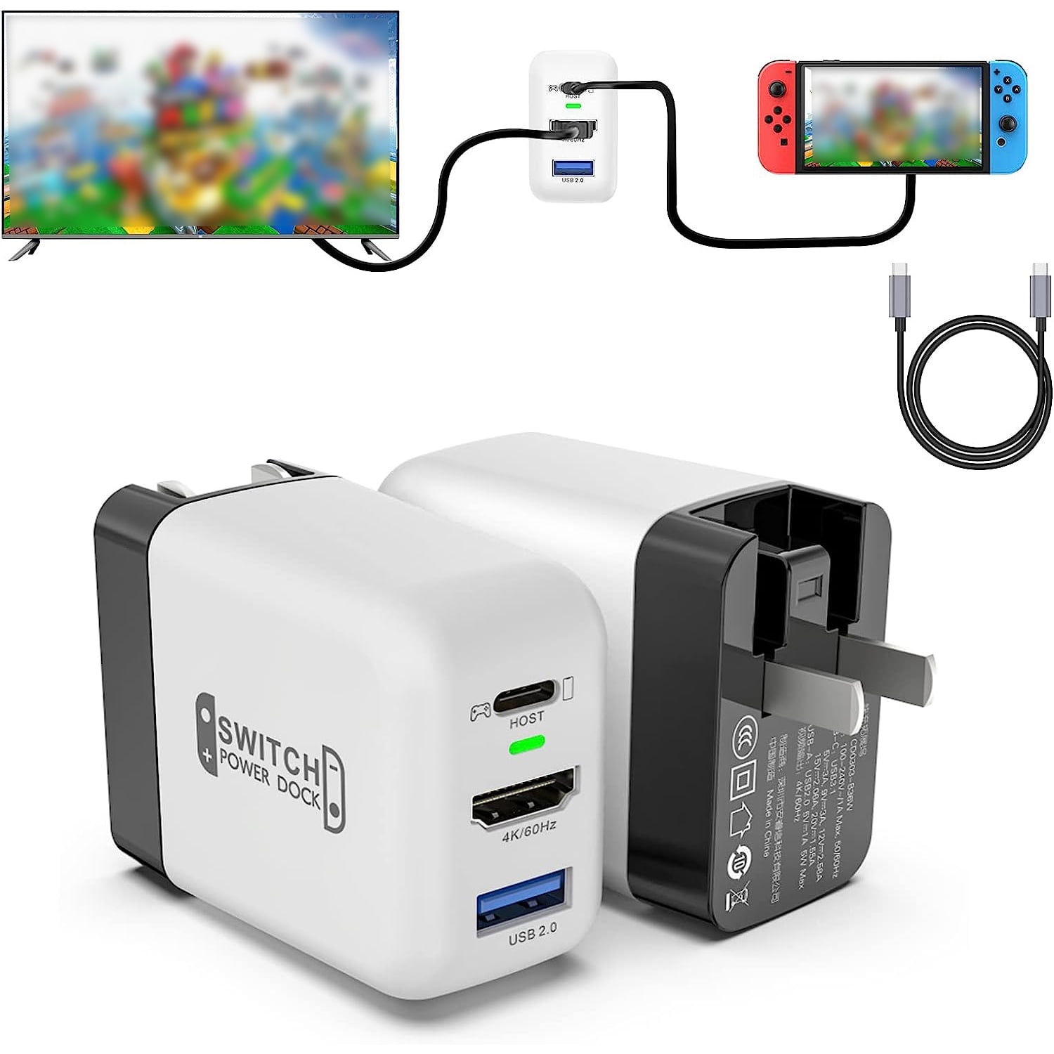 Genérico - Cargador De Muelle Para Nintendo Switch, Estación De Acoplamiento Portátil De 36w Para Switch Con Puertos Hdmi 4k@60hz/usb2.0/carga Rápida Pd Usb-c, Con Cable Usb-c A Usb-c