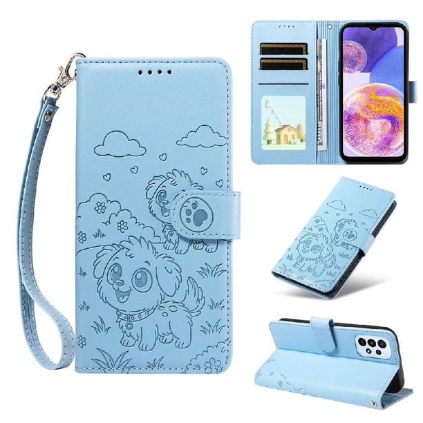 Funda Cartera para Samsung Galaxy A23 4G/5G Perro Cachorro Grabado con Tarjetas Soporte Correa Azul
