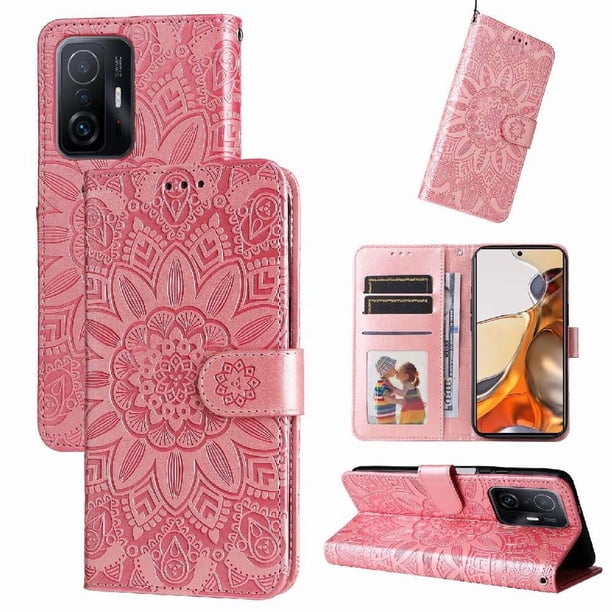 Funda tipo cartera FOXDOCK para Xiaomi 11T Pro , diseño girasol en relieve, cuero PU, cierre magnético, soporte y tarjetero