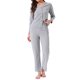thumbnail image 2 of Conjuntos de pijama para mujeres con botones, manga larga, cuello en V, ropa de descanso, pantalones de cintura elástica, 2 piezas con bolsillos, talla S, gris, 2 of 6