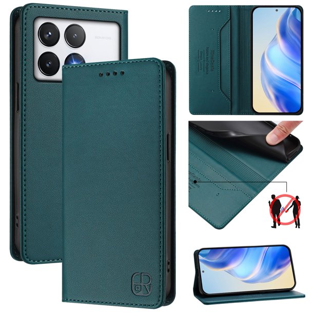 Funda Billetera con Soporte para Xiaomi Poco F6 Pro Bloqueo RFID Plegable Verde oscuro
