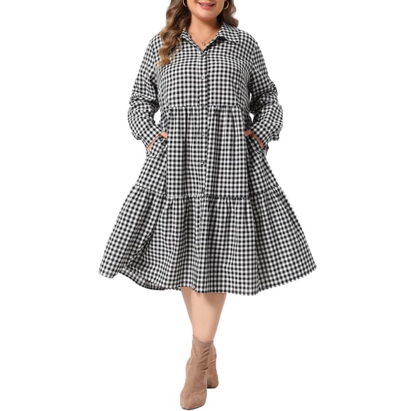 Vestido de Gingham de Talla Grande para Mujer de Agnes Orinda, con Capas de Volantes, Cuello, Manga Larga, Botones, Casual, Vintage, Cuadros, Midi, con Bolsillo, 3X Negro
