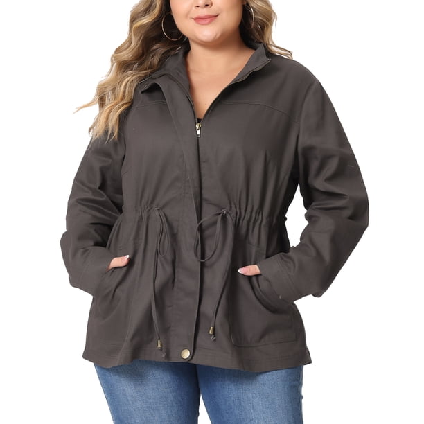 GRACE & GRANDEUR Chaquetas para Mujer Tallas Grandes con Cordón en la Cintura, Abrigos Anorak de Manga Larga con Bolsillos 6X Gris