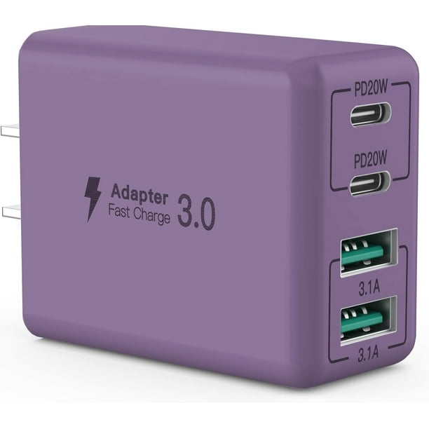 Cargador de pared USB C sccvee de 40 W y 4 puertos USB C, bloque de carga rápida, doble puerto PD+QC