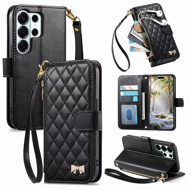 Funda tipo cartera FOXDOCK para Samsung Galaxy S26 Ultra, estampado de diamantes, con ranuras para tarjetas, soporte y cremallera - negro