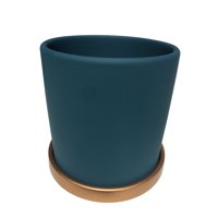 Decogreen - Maceta Cilindro Verde Con Plato Dorado L