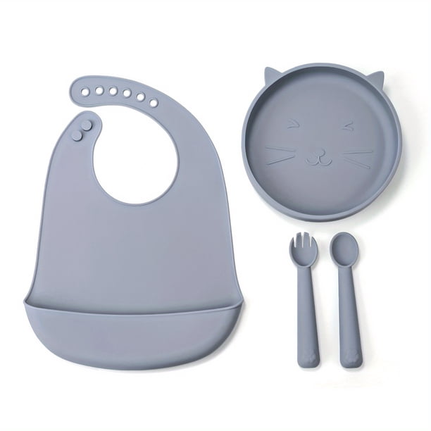 Baby Feeding Set Silicone Feeding Set Shallow Tray Kitten Design Baby Silicone Tableware, Toddler Eating Utensils, With Suction Cup, Shallow Tray Bib Soft Spoon Fork Cup, Tough Tableware Set, Edible G