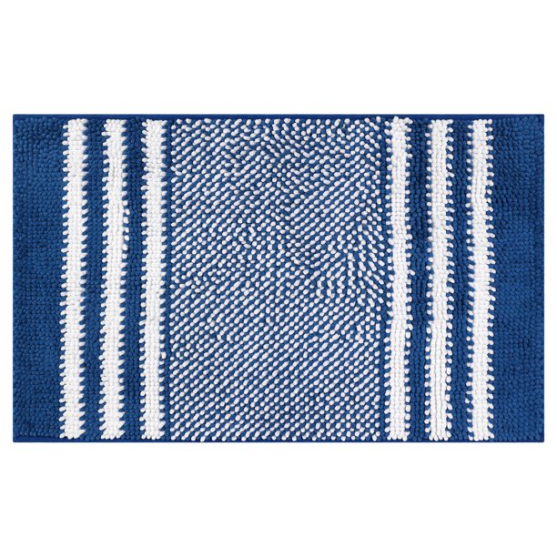 Alfombra de baño de chenilla a rayas con bordes REGALWOVEN, alfombra de piso de baño antideslizante, lavable a máquina azul 20" x 32"