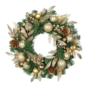 Magideal - Corona Navideña Para Puerta De Entrada, Decoración Navideña De 61 Cm, Decorativa, Realista, Con Bolas, Adorno Artificial, Corona Para Chimenea, Porche