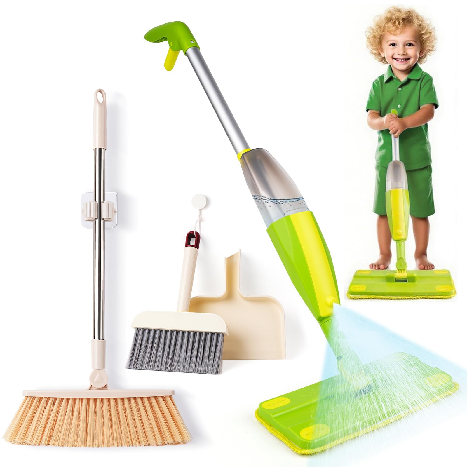 Set De Limpieza Kids Spray Mop Lullulii Para Niños Pequeños Con Escoba Verde