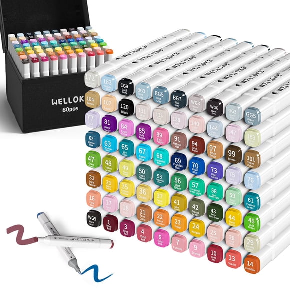 Marcadores WELLOKB 80 colores de punta doble a base de alcohol