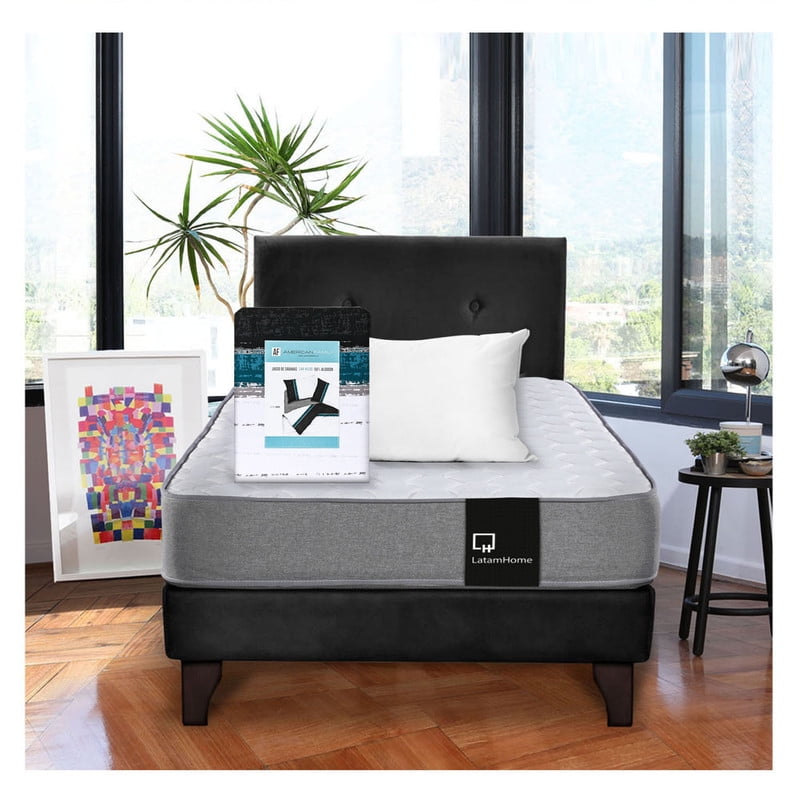 Latam Home - Combo Cama Best 1 Plaza Colchon Resortes 190 Cm + Sabana Cannon + Almohada + Respaldo Tela Negro