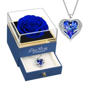 Collar De Rosas Azules Auténticas Preservadas Newnove Con Alas De Ángel